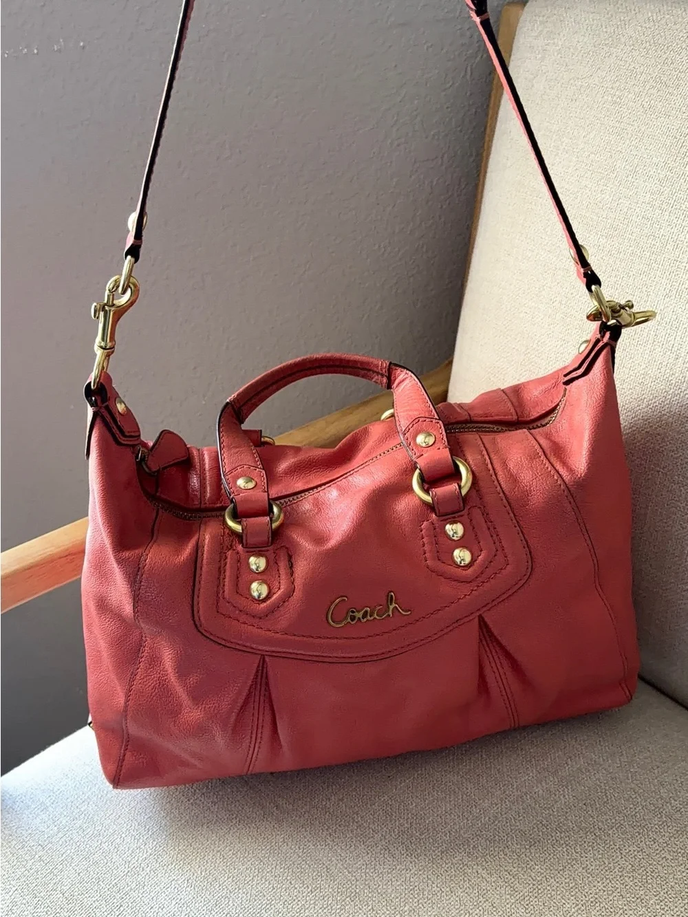 Coach Red Leather Satchel with Gold Hardware